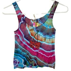 Handmade Ribbed Tank Top Crop Women’s XS Small Geode Tie Dye Blue Pink Colorful
